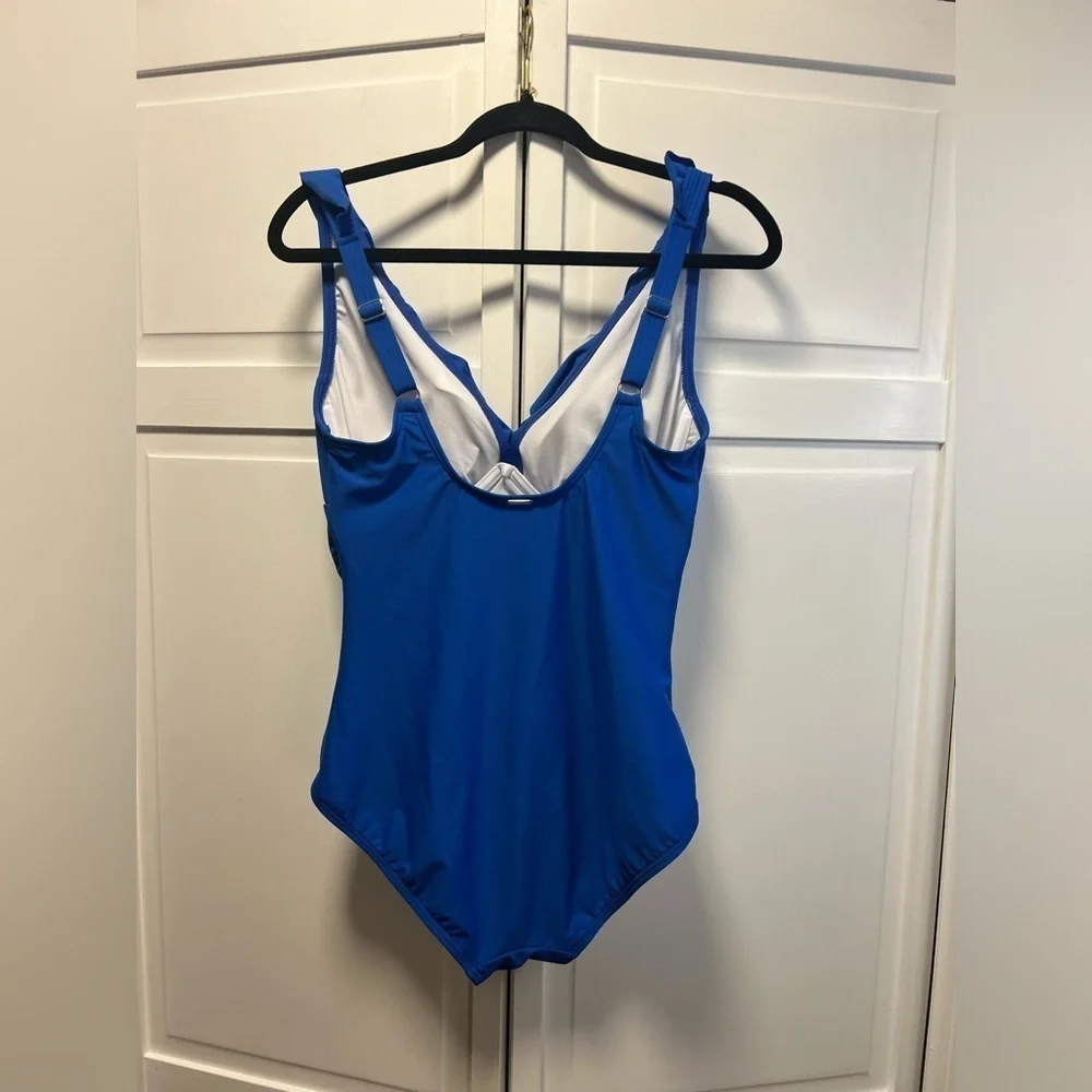DKNY Ruffle Plunge One-Piece Swimsuit Size Women’s 12 Color Lapis Pacific Blue - Picture 3 of 10
